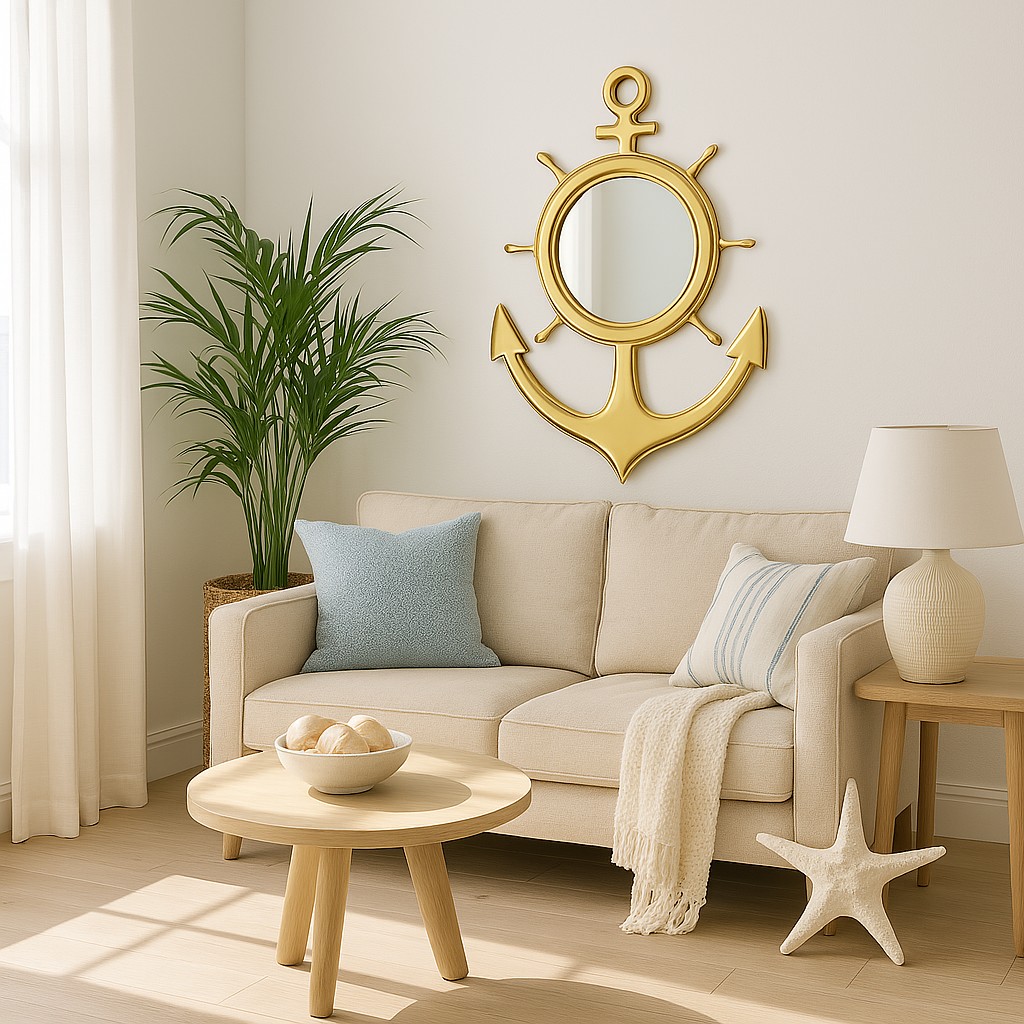 gold brass nautical wall decor anchor wheel mirror, 18″ x 12″