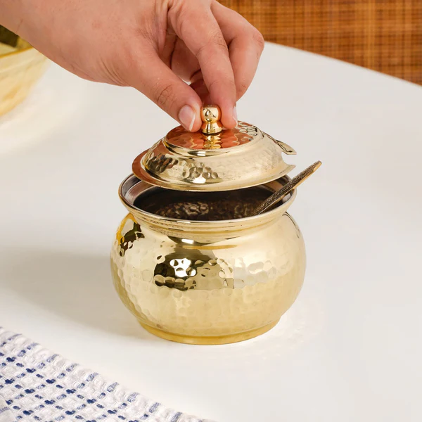 hammered pure brass ghee pot with spoon 400ml 7